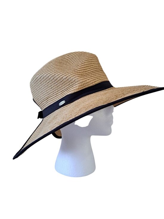 Scala Accessories - Scala Women's Wide-Brim Straw Hat Beige Black Ribbon Adjustable Sun Protection
